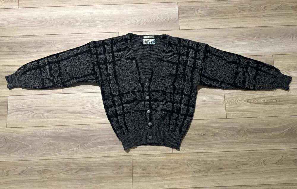 Vintage 80s Uniform Code Cardigan Sweater Gray Black Abstract Grunge Mens Large